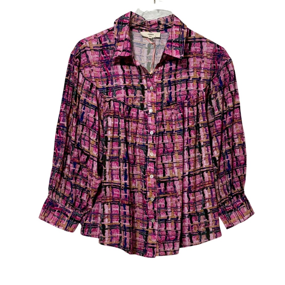 Entro Pink Purple Abstract Plaid Button Down Blouse Rayon Top Size Small‎ NEW